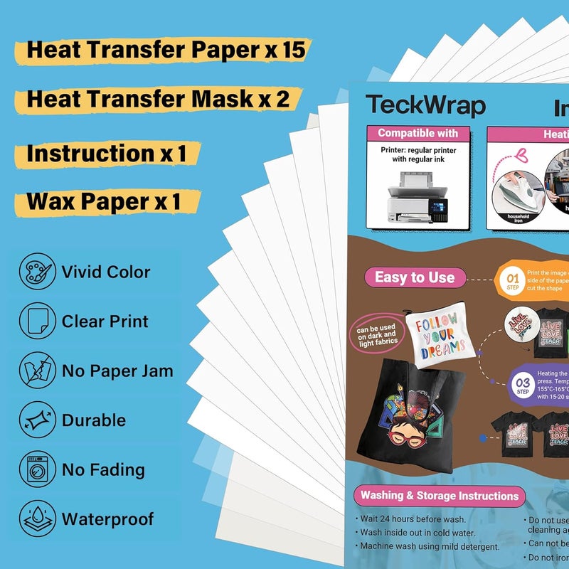 TECKWRAP ورق نقل حراري قابل للطباعة للتي شيرتات 15 ورقة، 8.3" × 11.7" فينيل نقل حراري قابل للطباعة لطابعة نفث الحبر، ورق نقل بالكي للأقمشة الفاتحة والداكنة (أبيض غير لامع) - Image 2